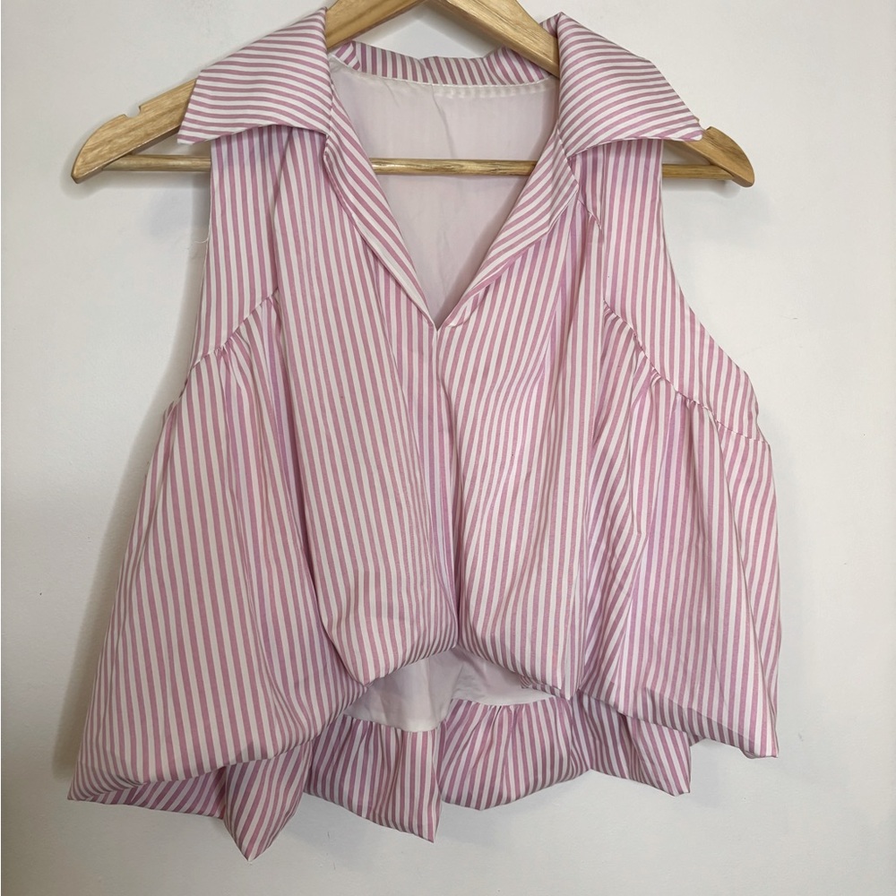 Y.L.L. Lilac Pink Striped Bubble Hem Crop Tank